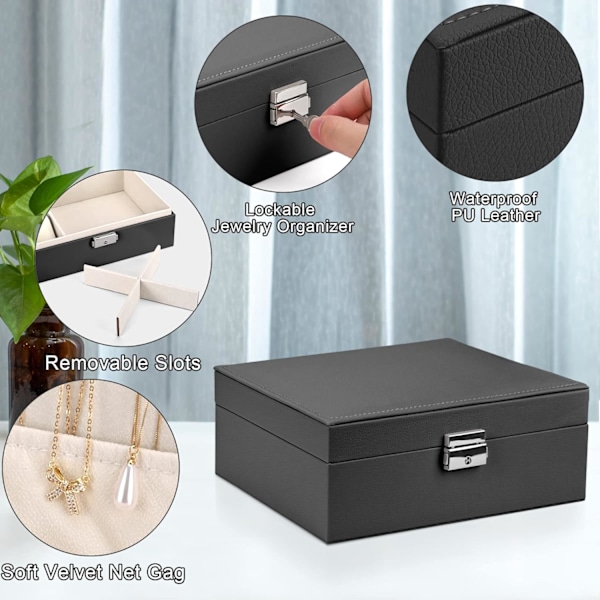 2-lags Stor Smykke Organiser Box, PU Læder, Smykke Organiser til Øreringe Ringe Halskæder Ure Armbånd Black