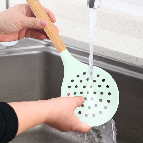 Köksslev med sil, stor hålslev med hög värmebeständig BPA-fri non-stick matlagningsskummare för avrinning, stekning (nordisk grön)
