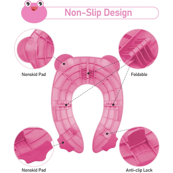Foldbar Pottetræningssäde til børn, Foldbar Potte Toilet Sæde, Bærbar Rejse Potte Sæde til Småbørn med 6 Anti-Skrid Sikkerheds-Silikone Puder og 1 Bærepose Pink