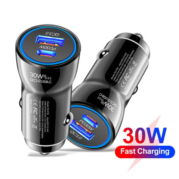 30W PD QC 3.0 Snabbladdare för Bil, USB C Laddning för Apple iPhone 12 13 14 15 Pro/Max/Plus Samsung Snabbladdare för Bil