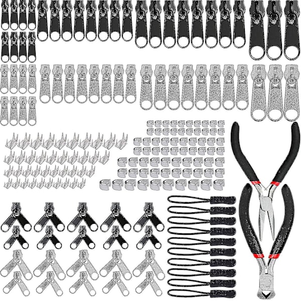 197-dels Dragkedjesats, Ersättningsdragkedjeslider Dragkedjeersättning Med 2 Mini-Tänger, För Kläder, Väska, Jackor, Tält, Bagage