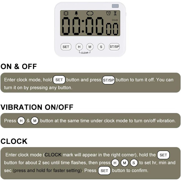 Digital Timerur, Multifunktionel Digital Ur Nedtællingstimer Begivenhedstimer med Alarm, Magnetisk Bagside Storcifret Display Vibration/Lydalarm 1 pack