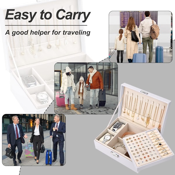 2-lags Stor Smykke Organiser Box, PU Læder, Smykke Organiser til Øreringe Ringe Halskæder Ure Armbånd White