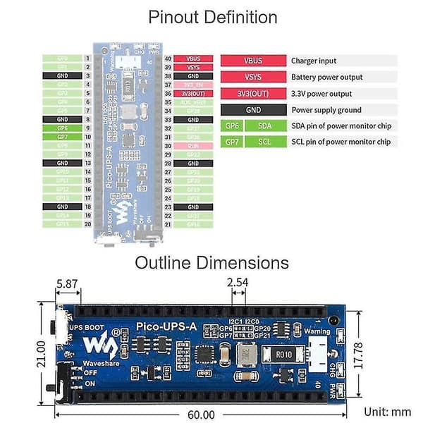 UPS-modul Batterihatt for Pico, Uavbrutt Strømforsyning Modul I2