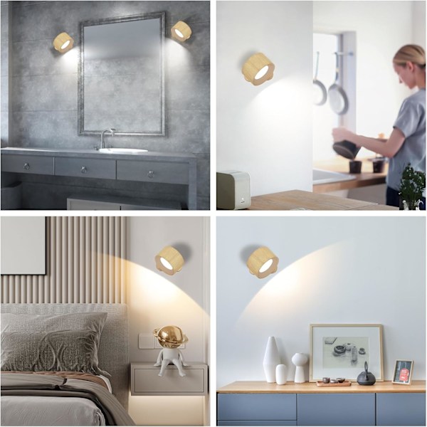 Batteridriven vägglampa, 360° justerbar belysning inomhus vägglampa, 3 färgtemperaturer, 3 ljusstyrkenivåer touch-kontroll Woodgrain