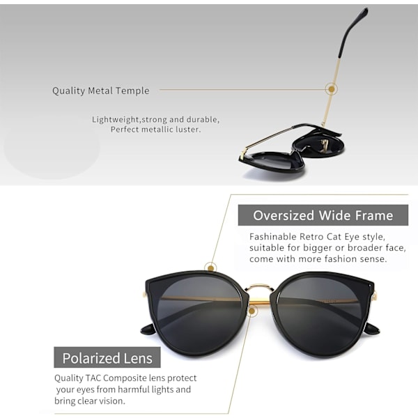 Dame Oversized Cat Eye Polariserte Solbriller Retro Anti-UV Solbriller -SGT969 Black Frame Glossy Finish/Grey Lens