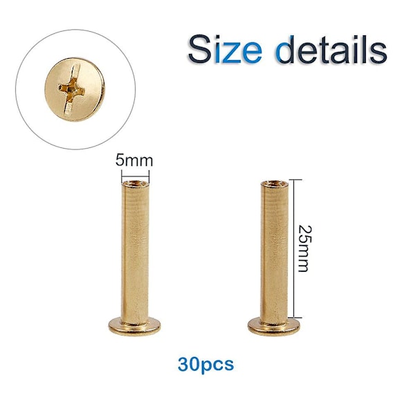 Chicago-bindningsskruvar, 30 set med mässingsbelagda kolstålbindingsskruvar, mässingston, 0,20x0,98 tum/5 mmx25 mm