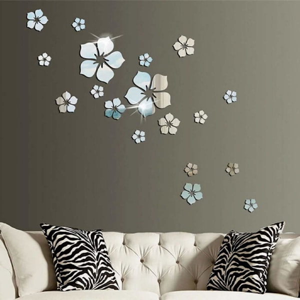 3D Spejlvægsklistermærker, Vægsticker, Sølvblomster, Vægsmykning Sølv Vægsticker til Stue, Soveværelse