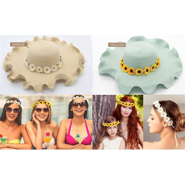 2 stk Hvite og Gule Daisy Blomster Hodebånd Krone Boho Blomster Hodebånd Blomster Hårkrans Boho Hodeplagg
