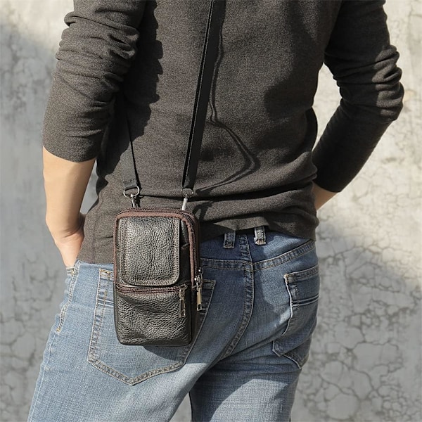 Mobiltelefon axelväska läder svart, herr mobiltelefon midjeväska med klämma, smartphone axelhölster läder crossbody