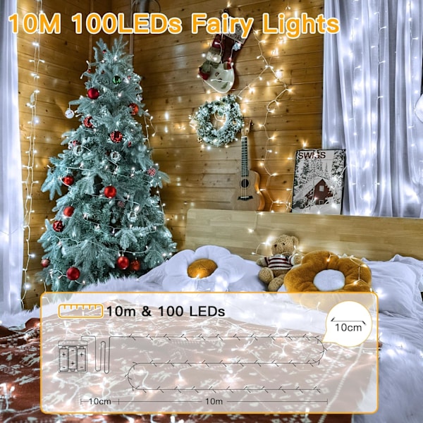 Batteridrevne Feelykter - 10m 100 LED Lys, Små Vanntette Utendørs Julelys Cool White