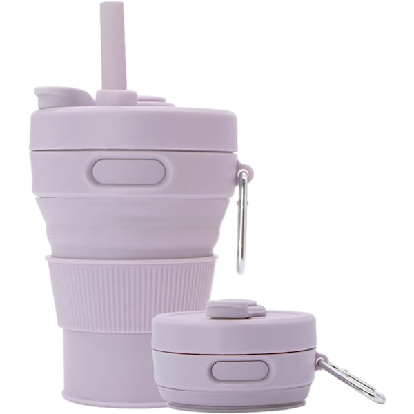 Hopfällbar kaffemugg i silikon, hopfällbara muggar för camping, hopfällbar resmugg med sugrör, återanvändbar, bärbar dricksmugg för utomhusvandring, 450 ml Purple