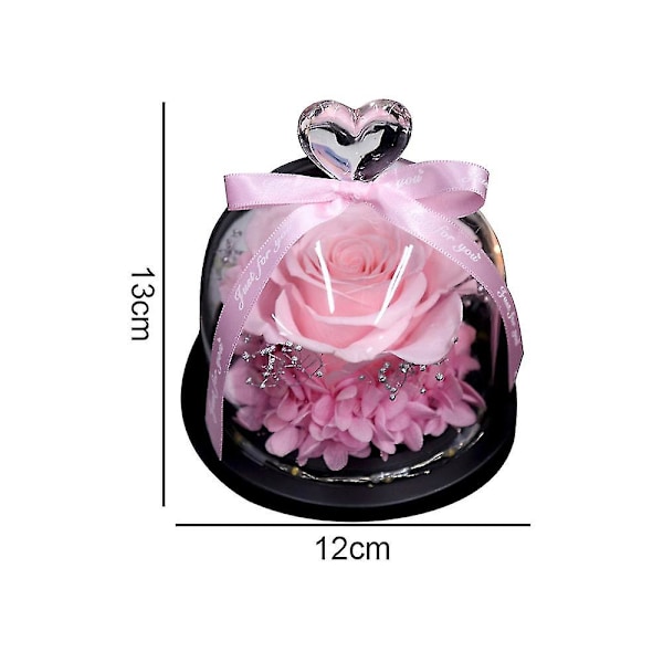 Evig bevart ekte rose i glasskuppelgave, hjertedesign til Valentinsdag, jul, bursdag - pink