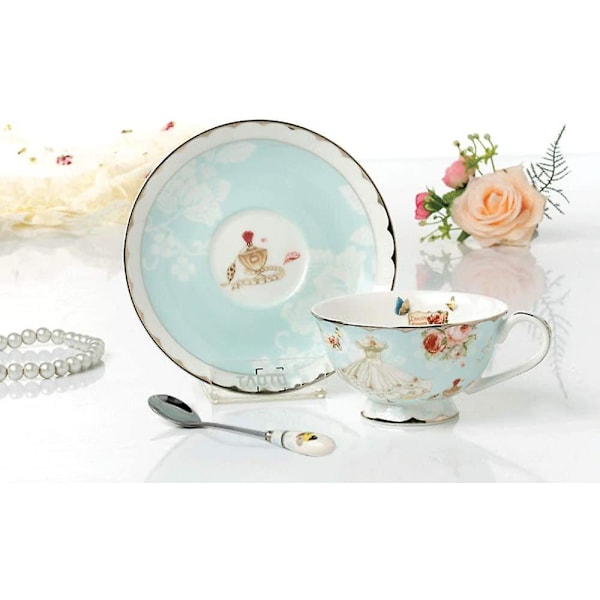 Fine Bone China Tekopp og Underkopp, Pastell Blå Blomsterdesign Kaffe Kanne Tekoppsett Med Gaveeske For Kvinner Mamma, 7 Unse