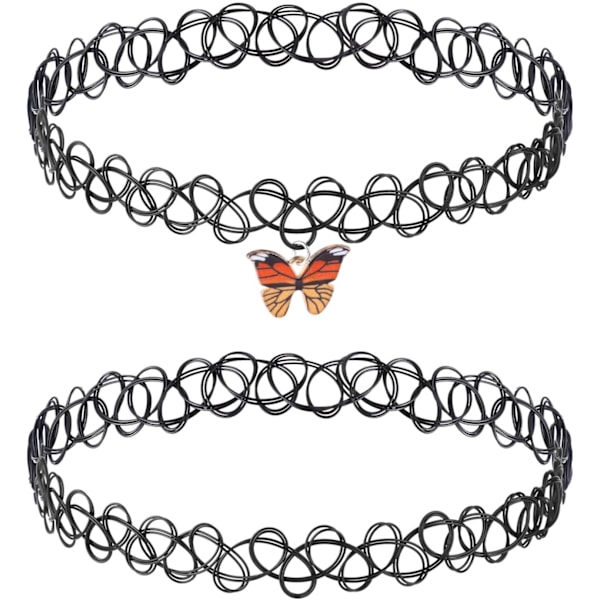 2 st svart tatuering choker halsband set för kvinnor stretchig henna smycken 90-talets choker halsband accessoarer för kvinnor tonårsflickor barn - svart hänge Butterfly