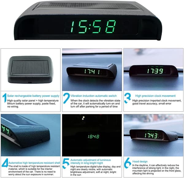 Bilsolcellsdriven LCD-klocka, bilsolcellsdriven LCD-klocka med tid (12/24 timmar) + datum + vecka + temperatur