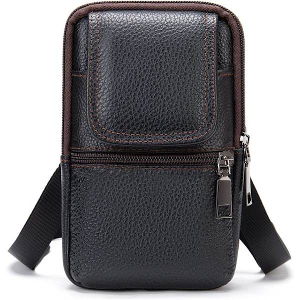 Mobiltelefon axelväska läder svart, herr mobiltelefon midjeväska med klämma, smartphone axelhölster läder crossbody