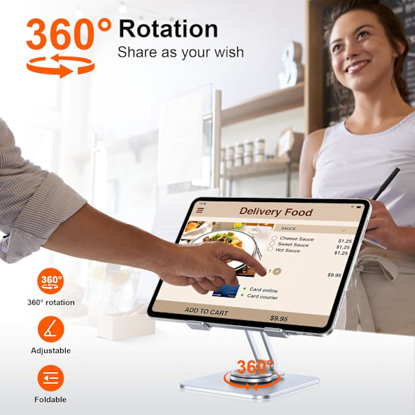 Tablettstativ, iPad-stativholder, Aluminium 360° roterende sammenleggbart skjermstativ