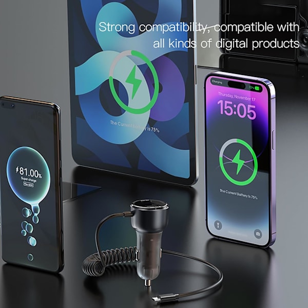 USB C-billaddare för mobiltelefon, cigarettändaradapter, PD30W QC3.0