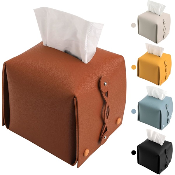 Læder Vævsæskeholder Rektangulær Kvadrat, Vævsæske Dækning Dispenser til Bil, Hjem, Badeværelse, Soveværelse, Kontor, Natborde, Skriveborde og Borde (04 Brun)