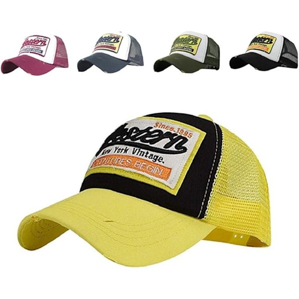 Mesh Baseball Cap Vintage Unisex Hat Justerbar Størrelse Bomuld Baseball Cap Vasket Denim Retro Trucker Caps Kant Slibning Motorcykel Biker Caps, Gul