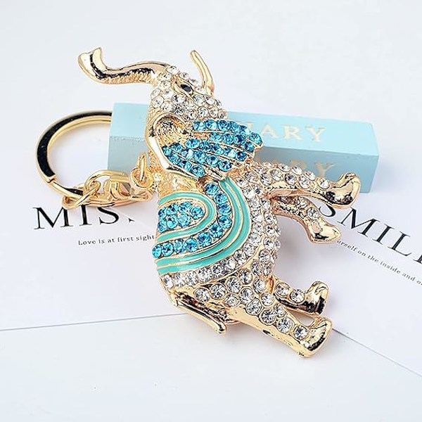 Lyckliga Elefant Nyckelringar Opal Rhinestone Söta Elefanter Nyckelringar Damväskor Berlock Kristall Nyckelring Dam (Blå)