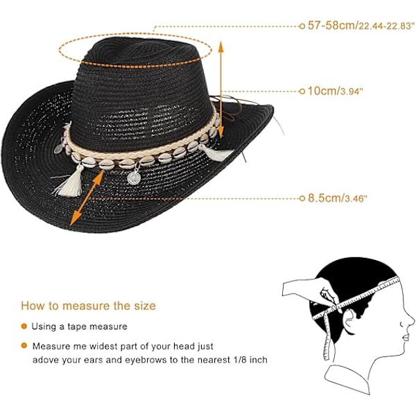 Dam Sommar Halm Cowboy Cowgirl Hatt Solhattar Bred Brätte Strand Semester Halmhatt med Skalband Black