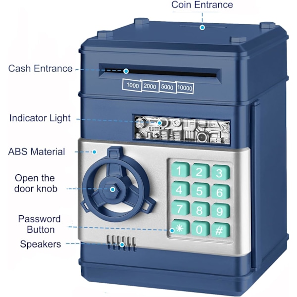 Elektronisk Sparegris, Mini minibank med passord, Pengeboks for mynter for barn, Tegneserie-sikkerhetsboks, Perfekt leketøygave til gutter og jenter Navy Blue