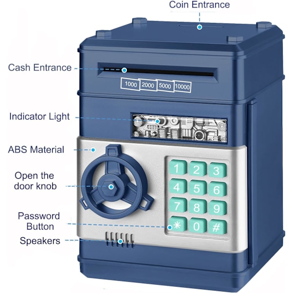 Elektronisk spargris, Mini ATM lösenord sparbössa kontanter mynt sparbössa för barn, tecknad säker bankbox perfekta leksaks presenter för pojkar flickor Navy Blue