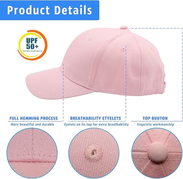 Baseballcaps for menn og kvinner - 100% bomull, rosa