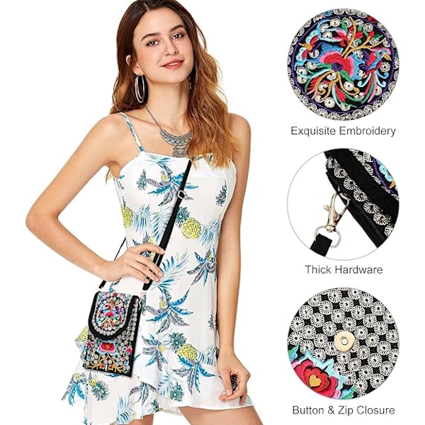 Etnisk Broderet Blomst Crossbody Taske Vintage Lille Mobiltelefonpung Håndlavet Håndtaske Pengepung til Pige Famle Dame Kvinde (Penge Blomst)