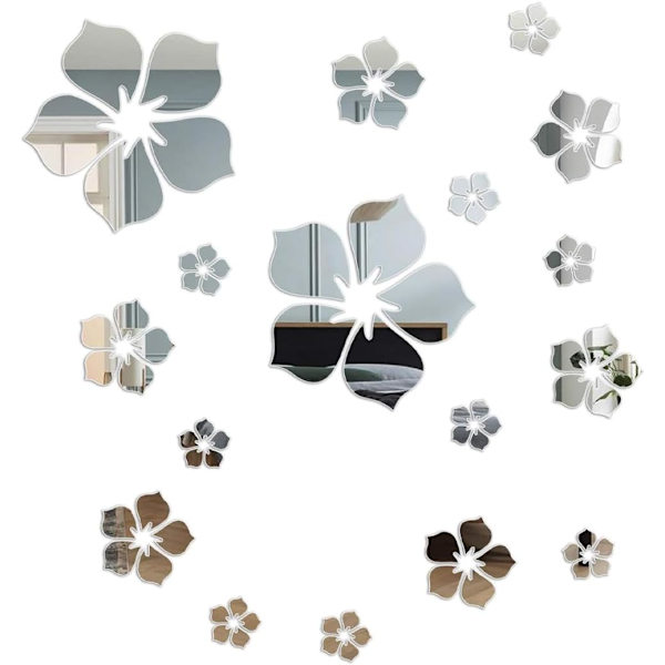 3D Spejlvægsklistermærker, Vægsticker, Sølvblomster, Vægsmykning Sølv Vægsticker til Stue, Soveværelse