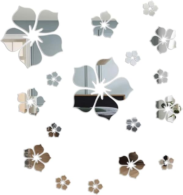 3D-väggspeglar, väggklistermärken, silverblommor, väggdekoration silver väggklistermärken för vardagsrum, sovrum