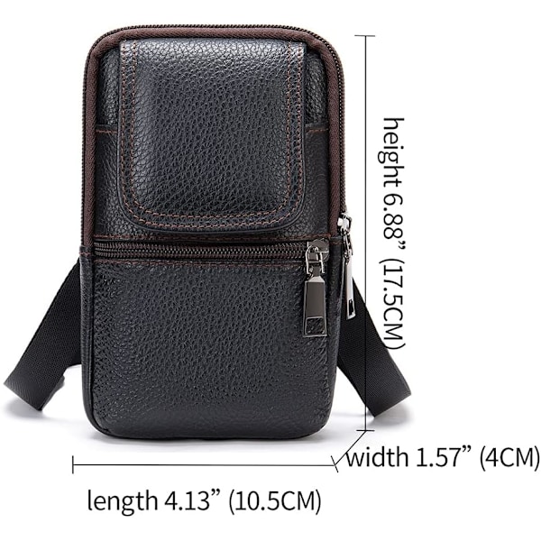 Mobiltelefon axelväska läder svart, herr mobiltelefon midjeväska med klämma, smartphone axelhölster läder crossbody