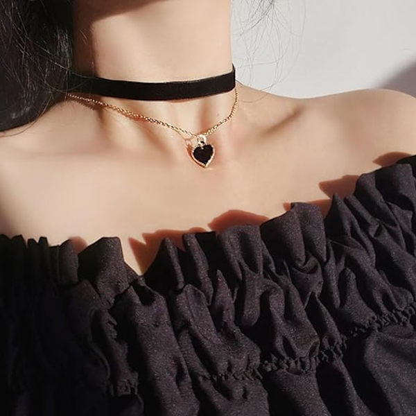2 stk Halskjeder, Gotisk Choker, Hjerteformet Justerbar Halskjede for Kvinner, Fløyelsbånd Metall Retro Halskjede for Kvinner, Rock Stil Choker Halskjede