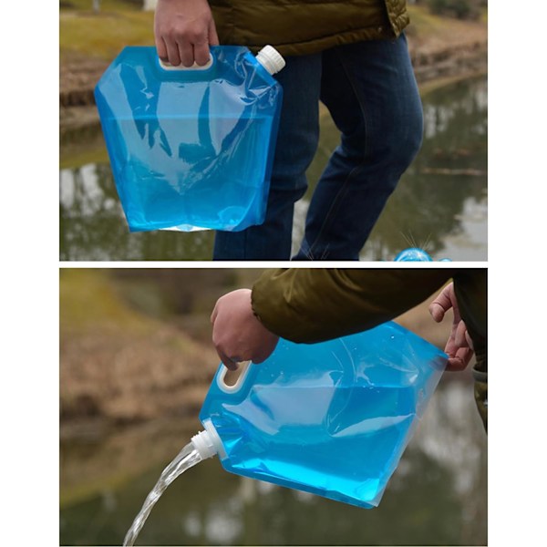 2-pakks 10L+5L sammenleggbar drikkevannsbeholder oppbevaringspose for camping, fotturer, piknik, BBQ (blå)