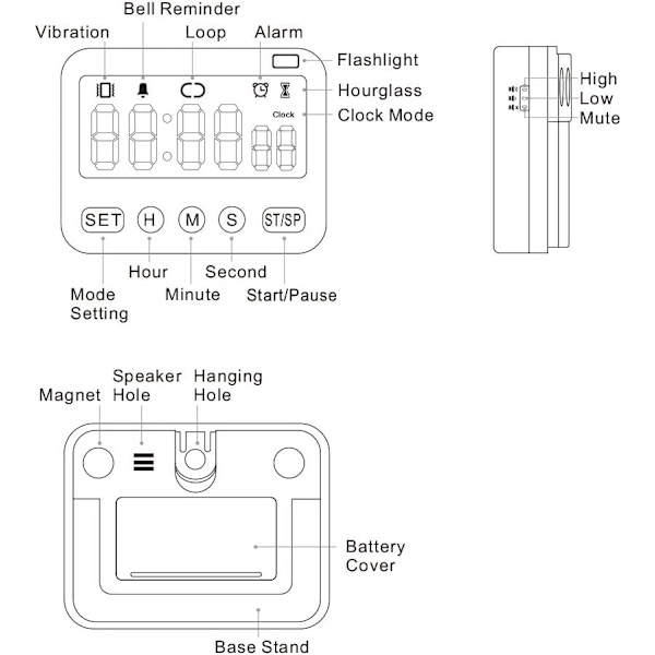 Digital Timerur, Multifunktionel Digital Ur Nedtællingstimer Begivenhedstimer med Alarm, Magnetisk Bagside Storcifret Display Vibration/Lydalarm 1 pack