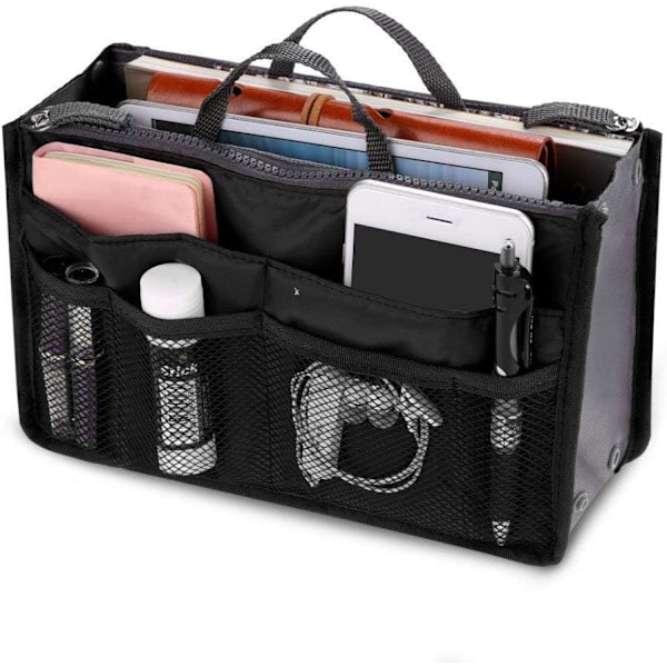 Dame Rejsetaske Slip Bag Håndtaske Organizer Pung Foret Kosmetik 13 Tasker Sort