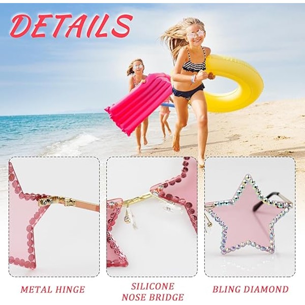 Rhinestone Stjernebriller, Kantløse Stjerneformede Funky Bling Diamant Solbriller, Mode Glitrende Solbriller til Sommer Strandfest