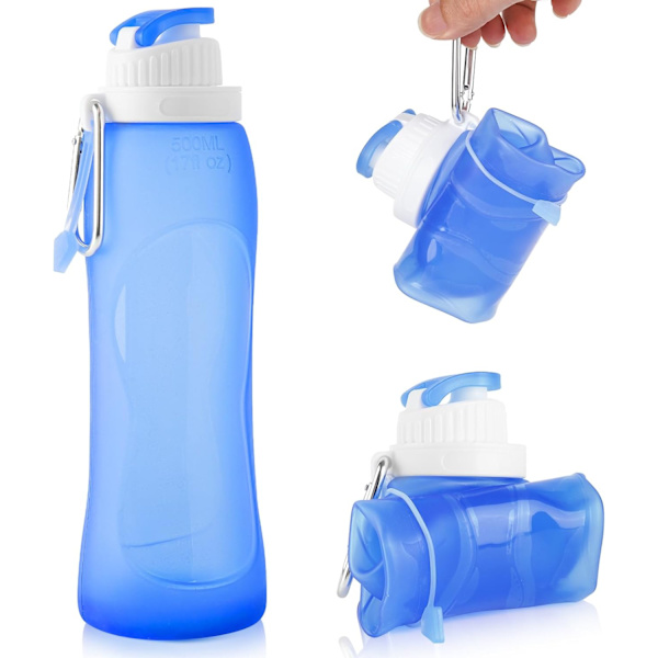 500 ml ultralätt, läckagesäker, bärbar, hopfällbar vattenflaska med karbinhake för löpning, vandring, cykling och klättring Blue