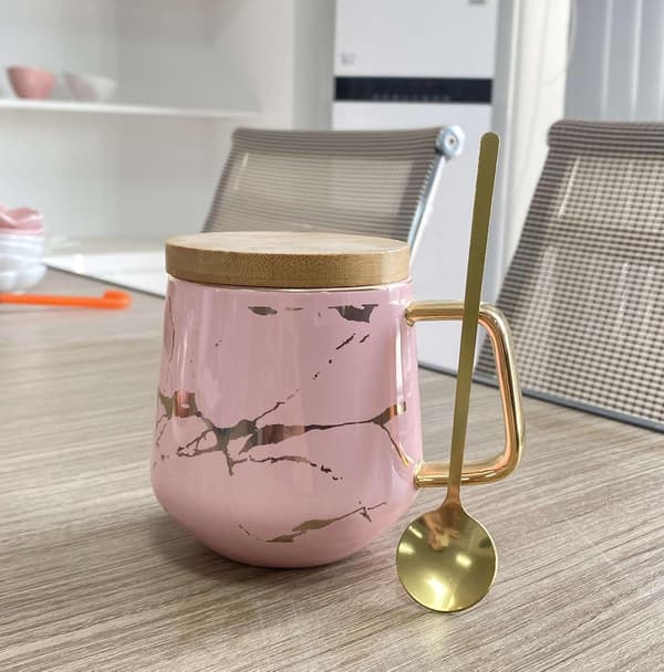 Porslin Te Kopp Kaffe Mugg Set för Eftermiddagste - Marmormönster Pink Tall