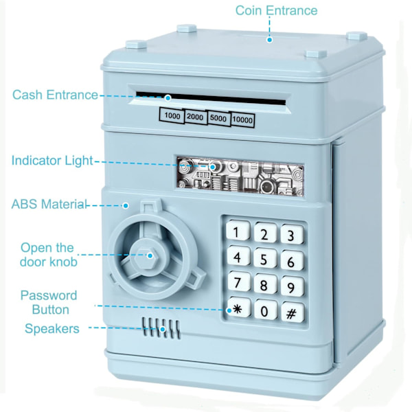 Elektronisk spargris, Mini ATM lösenord pengabänk kontanter mynt sparbössa för barn, tecknad säker bankbox perfekt leksaks gåvor för pojkar flickor Light Blue