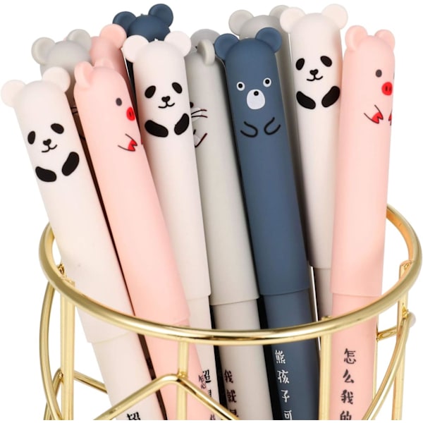 12 stk. Slettelige Kuglepenne, 0,35 mm Friktionspenne med Tegneseriekat Gris Bjørn Panda Dyr Sort Gelblækpen, Slettelig Gelpen Kontorartikler