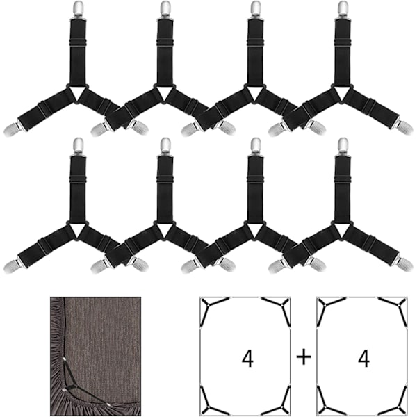 8 stk Senglaken Klips Stropper Justerbar Trekant Festespender Elastisk Hjørne Suspenders Grippers Holder for Madrass Trekk Sofa Pute (Svart)