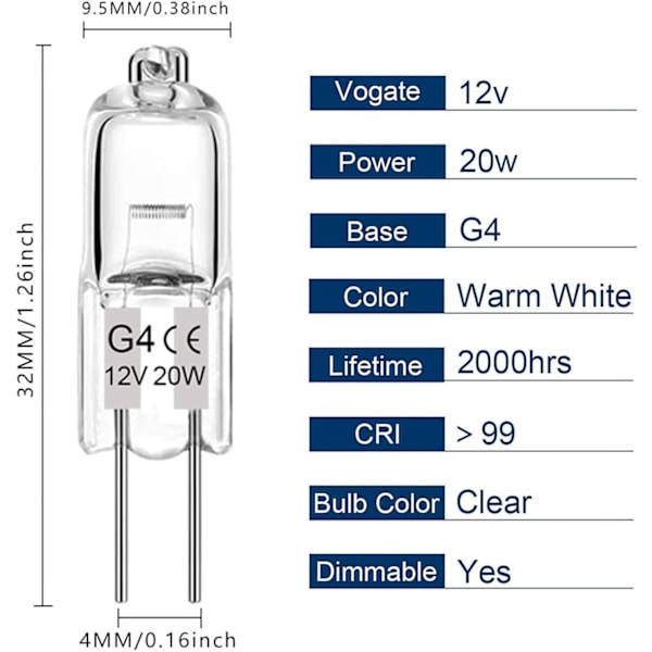 G4 Halogenpærer, 12V 20W Halogen Lyspærer 2-pins Klar Kapsel Lampe Pære, Halogen-Pin-Base-Lampe Varmt Hvit Lys Klar Kapsel (10-pakning)