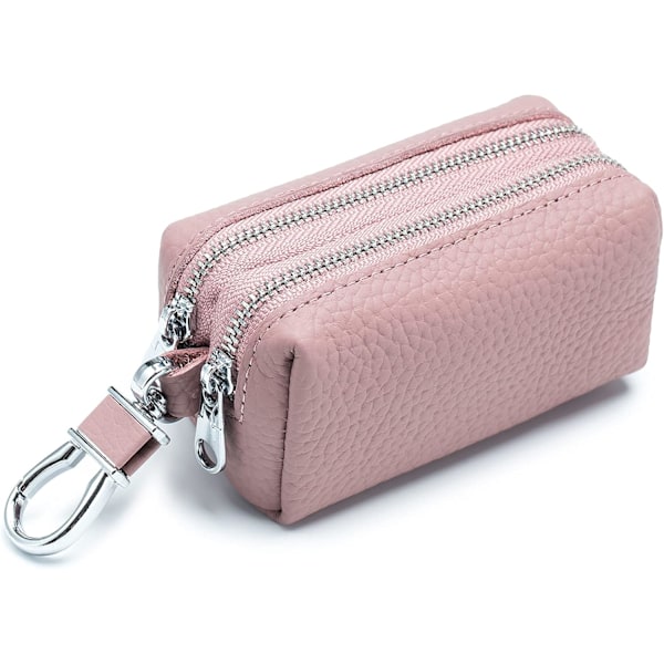 Ekte Lær Bilnøkkelveske Lommebok, Unisex Dobbel Glidelås Nøkkelring Myntveske Bag med Metallkrok Pink