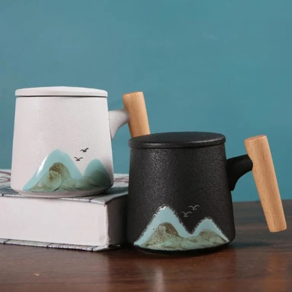 400ml Keramisk Kaffekopp 14oz med Trehåndtak og Lopp, Potterikopp for Hjem og Kontor