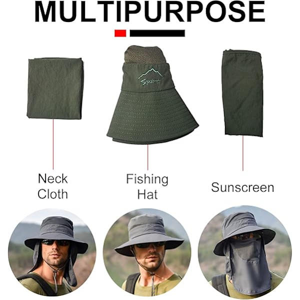 Utomhus solhatt, fiskehatt, sommar UV-skydd bredbrättad hatt med avtagbart ansikts- och nackskydd ArmyGreen