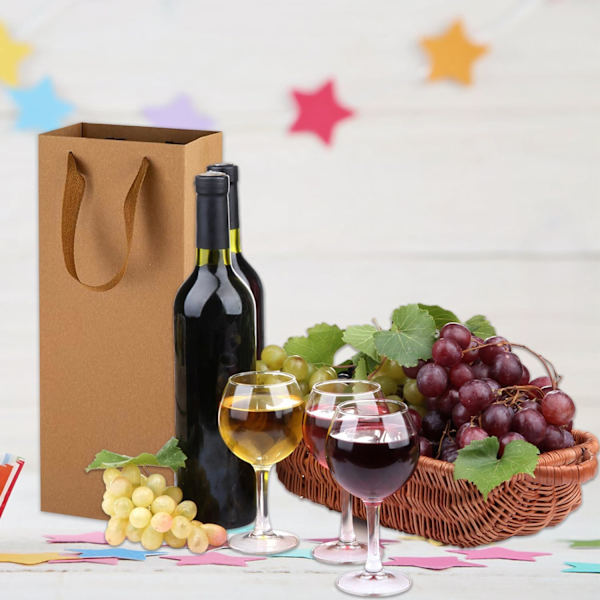 12 stk Vin Gaveposer Enkeltflaske, Vinflaske Gaveposer, Robuste Gjenbrukbare Kraftpapir Vinbærepose med Håndtak for Jubileer, Fest, Jul Brown