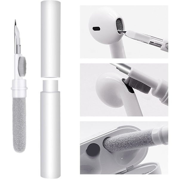 AirPod Rengøringskit, 3-i-1 Rengørings Pen Elektronik Rengøringsbørste Øretelefoner Rengøringstilbehør, Øretelefon Rengøringskit Metal Spids (Hvid)